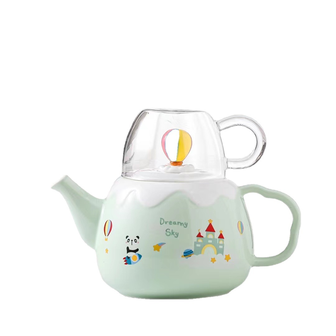 Personalidad creativa globo de aire caliente botella de agua fría una olla una taza de café de cerámica combinación traje flor taza de té regalo conjunto de agua