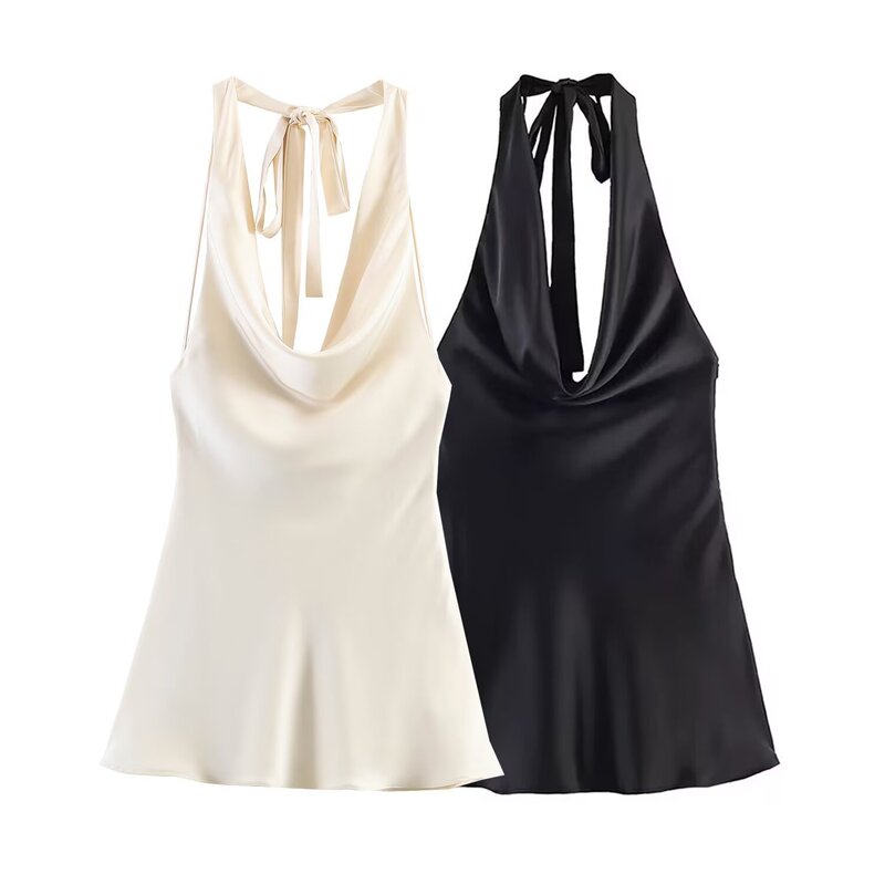 Foreign Trade Wholesale Spring New Style European and American Style Silk Satin Texture Halter Neck Mini Dress 2712332