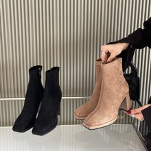 2025新款方头绒面侧拉链软皮低筒收到马丁瘦瘦女短靴