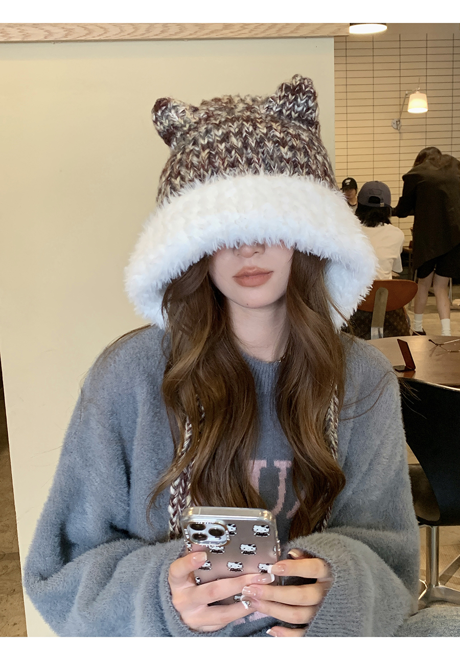 Cute Ears, Big Headband, Colorful Thick Wool Knitted Hat, Women's Autumn and Winter Warmth, Show Face, Small Plush_voghion.com