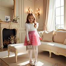 跨境亚马逊女童短裙半身裙春秋公主纱裙网纱打底长袖T恤蓬蓬裙套