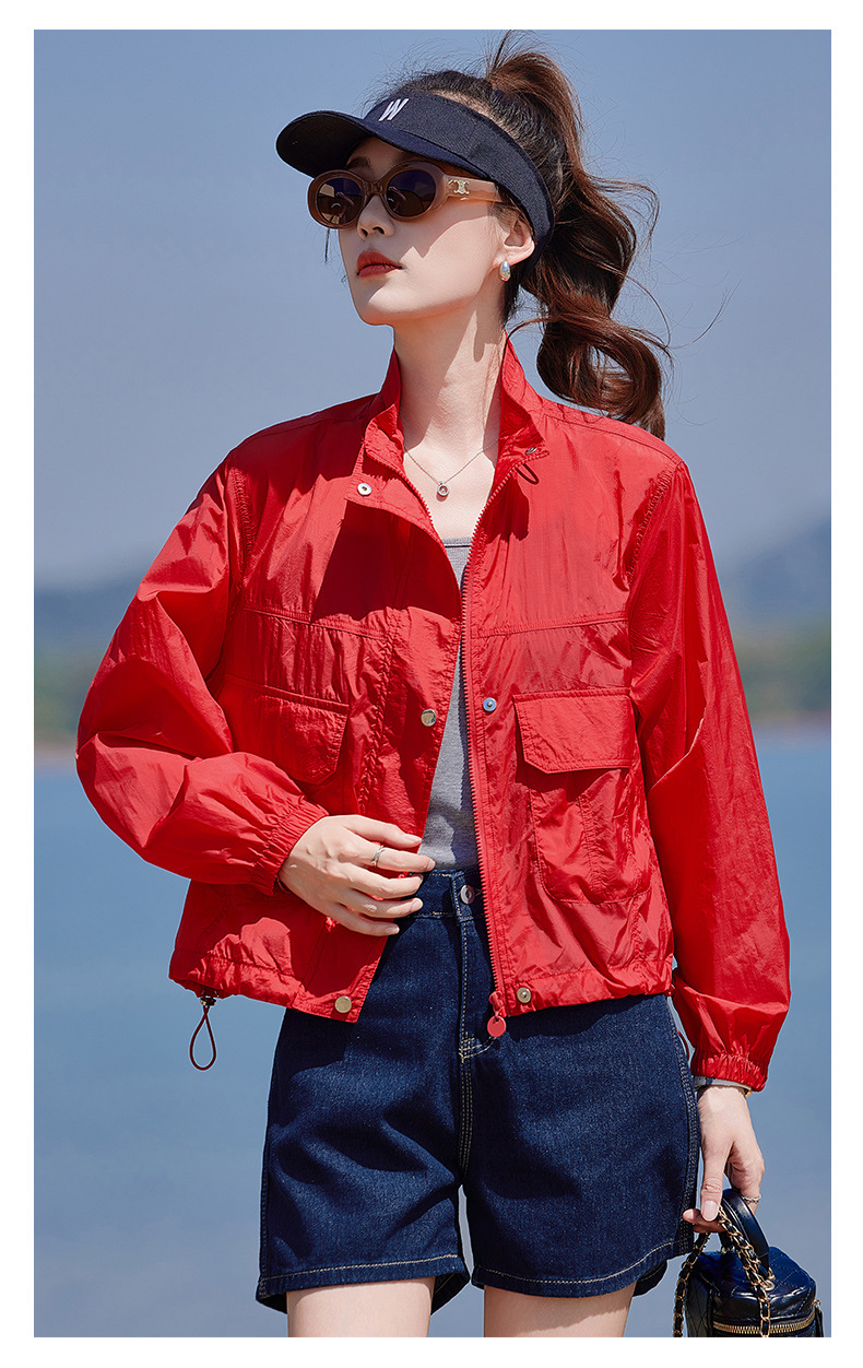 Áo chống nắng nữ cổ đứng túi hộp dáng rộng tay ngắn mỏng nhẹ — màu xanh nhạt, màu đỏ chi tiết 17