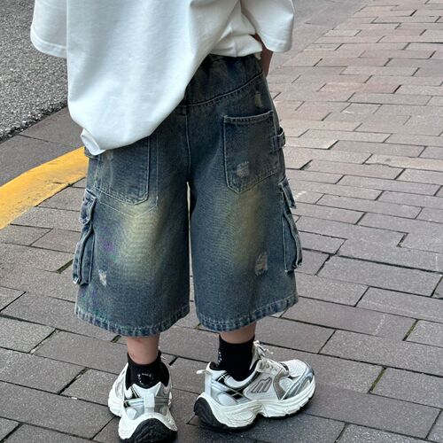 Tairu 2024 new summer Korean style boys' fashionable and versatile ripped workwear jeans children's shorts trendy