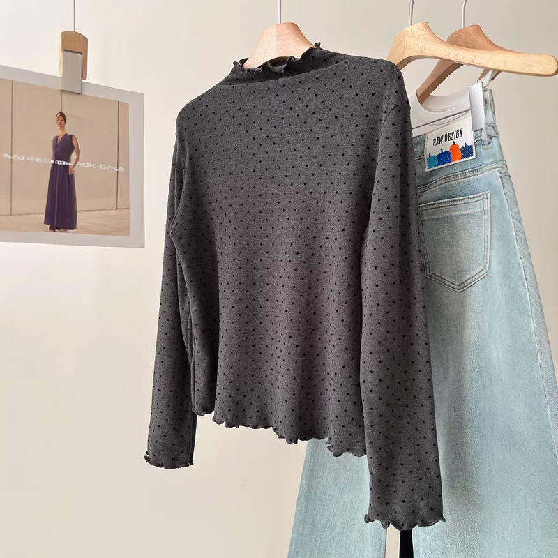 Brushed Fleece Thickened Korean-Style Half-High Collar Ruffled Polka Dot Long-Sleeve T-Shirt for Women, New Winter Model = Base Layer Top