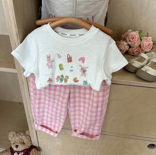 2024 Spring New Girls' Cartoon Short-Sleeve T-Shirt Cute Cartoon Print Summer Short-Sleeve Top Striped Pants Set