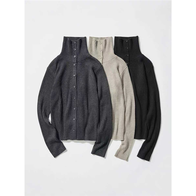 Women's Merino Wool Blended Turtleneck Lapel Knitted Cardigan Stand Collar Sweater Jacket 25 Autumn and Winter Style 480107