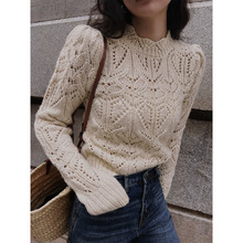 镂空套头毛衣女内搭设计感小众手工钩花温柔系针织衫垫肩短款上衣