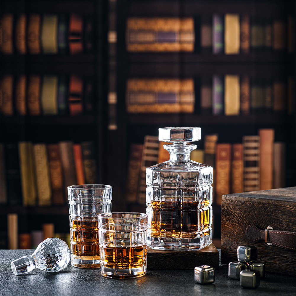 Juego de decantador de vino de vidrio cuadrado al por mayor de fábrica, juego de vasos de whisky, decantador de vino, juego de botellas de vino, jarra de vino.