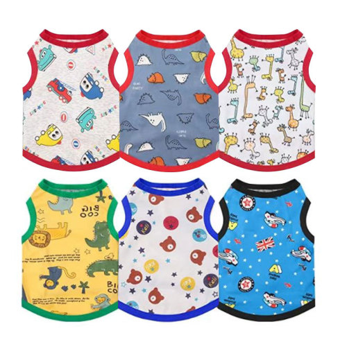 Ready-to-ship wholesale universal dog and pet vests with cartoon prints—cat clothing for puppies, small dogs, and pets