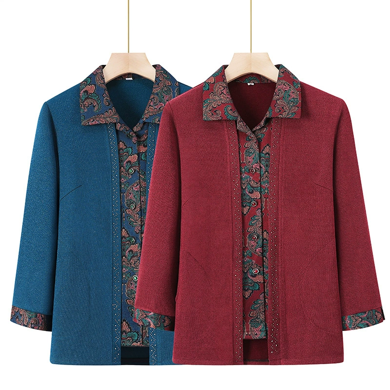 Мамина весенне-осенняя имитация кардигана из двух частей, топ для пожилых людей, Весенняя женская рубашка 2023, новинка, 60 лет, 70