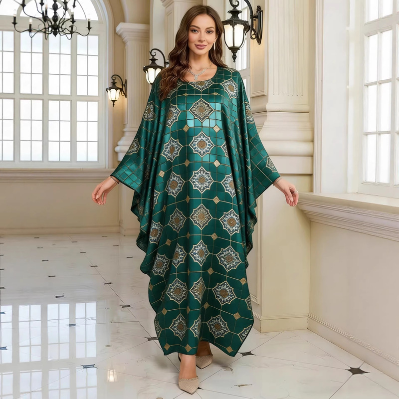 Cross-border Amazon bestseller: Emerald green geometric gold-embossed bat-sleeve robe dress, loose and stylish
