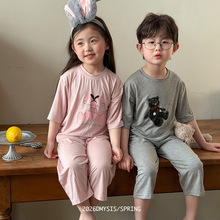 26春夏韩版儿童纯色抗菌莫代尔印花七分家居服套装中大童睡衣长裤
