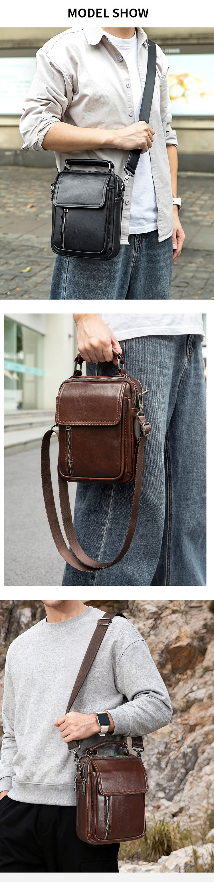 Túi đeo chéo nam da thật phong cách casual kiểu nắp gập, dáng vuông nhỏ tiện lợi — Đen, Nâu, 18*9*24cm chi tiết 5
