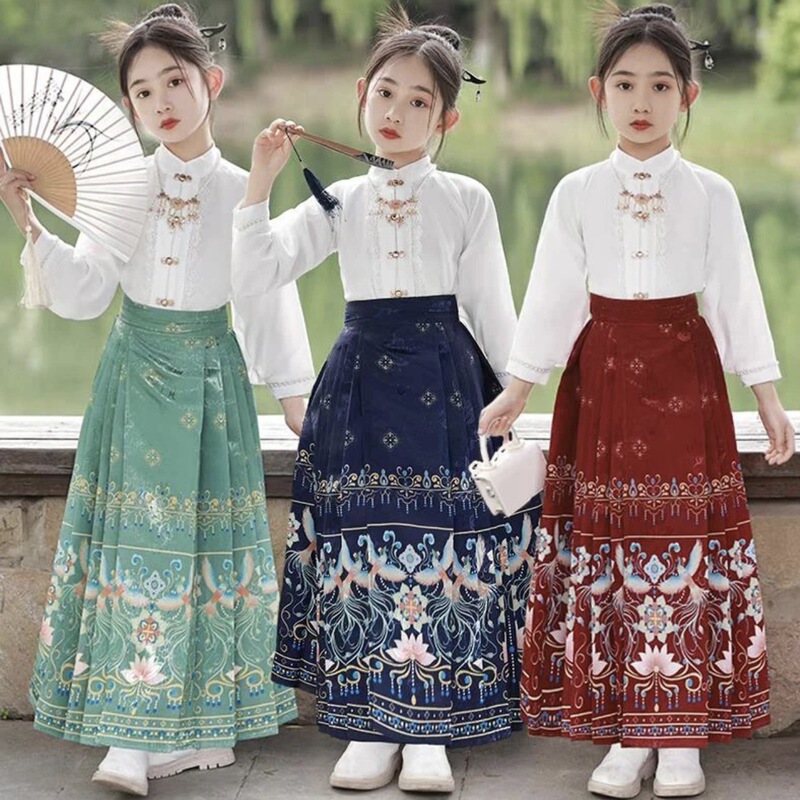 Hanfu Girl's Mamian Skirt Set for Spring and Autumn, Ming-Style Chinese Traditional Costume for Children, Tang Suit Cheongsam for Summer, Children's Hanfu