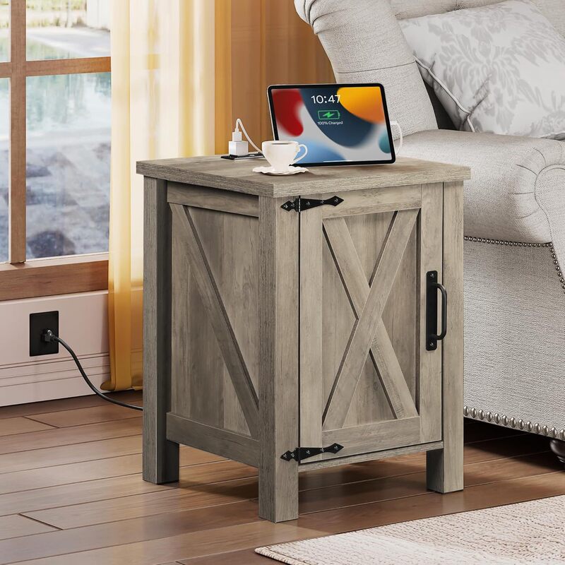 Farmhouse Bedside Table with Charging Station, Wooden Side Table with Barn Door and Storage Shelves, Dual-Use for Bedroom and Living Room Farmhouse Bedside Table with Charging Station, Wooden Side Table with Barn Door and Storage Shelves, Dual-Use for Bedroom and Living Room