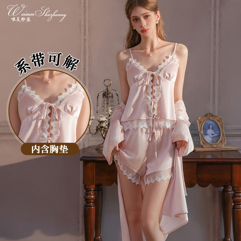 Beautiful New Style Home Wear for Women with Chest Pads, Sexy Camisole and Shorts Set, Deep V-Neck Tie-Up Two-Piece Sleepwear Set Beautiful New Style Home Wear for Women with Chest Pads, Sexy Camisole and Shorts Set, Deep V-Neck Tie-Up Two-Piece Sleepwear Set