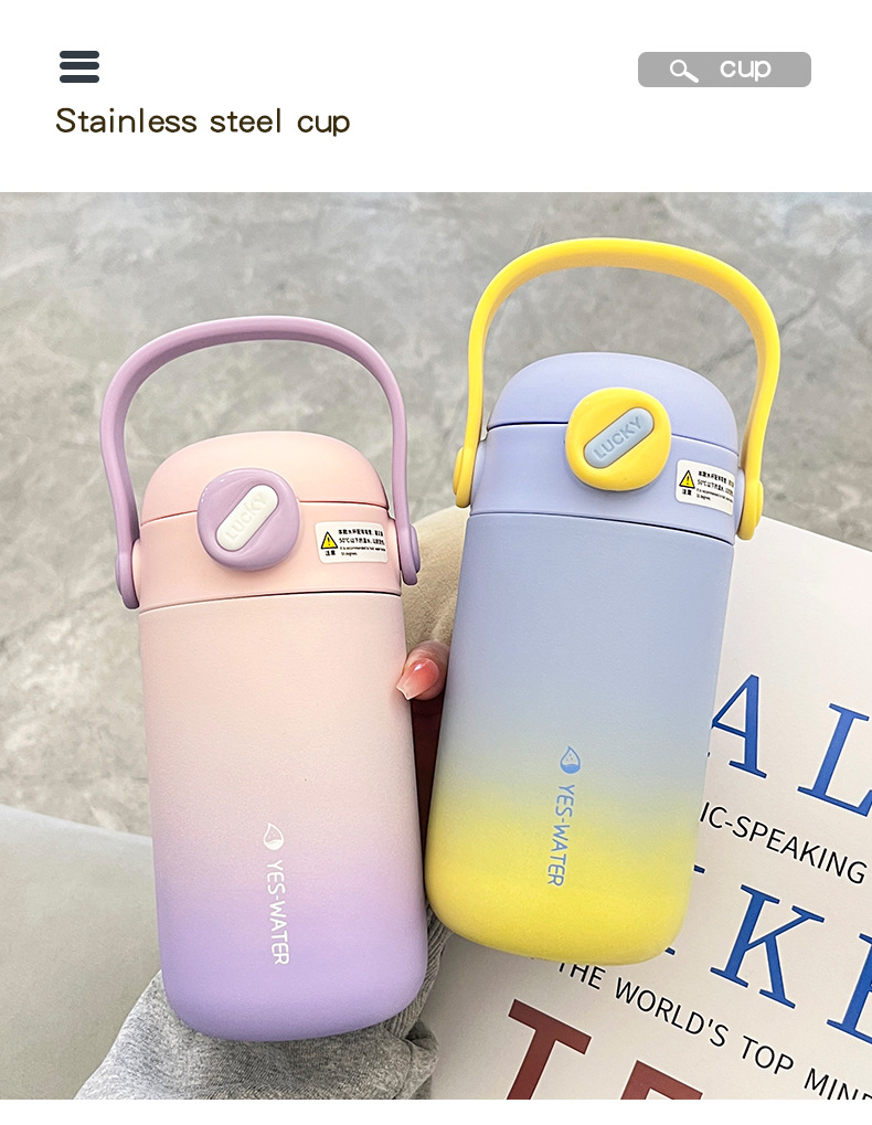 Wholesale of high-appearation-level, simple and insulated water cups, convenient carrying rings, double-drinking, creative gradient student sports travel cups pic 37