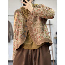 2025新款民族风文艺范素凡卡秋冬棉衣森女系提花单排扣夹棉外套女