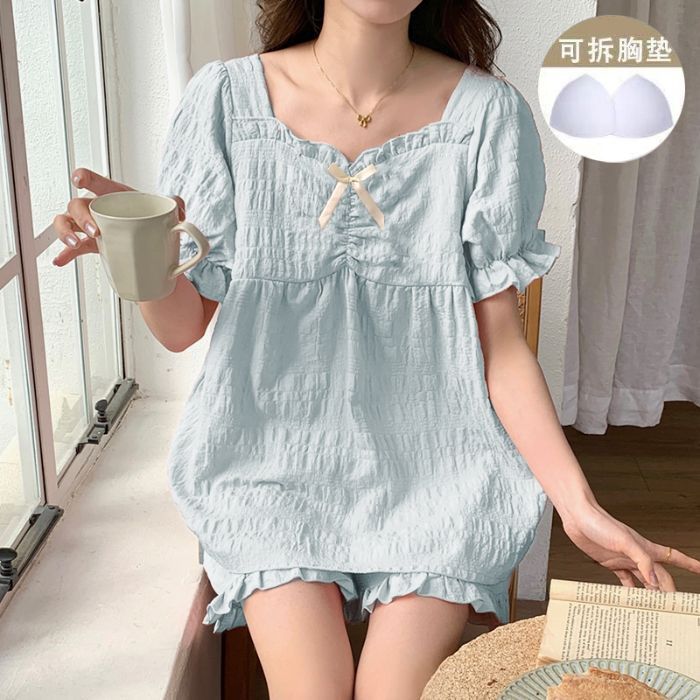 Venta al por mayor transfronteriza de nuevos pijamas de verano para mujer con almohadilla para el pecho Nube pantalones cortos de manga corta de algodón traje de servicio a domicilio de color sólido dulce