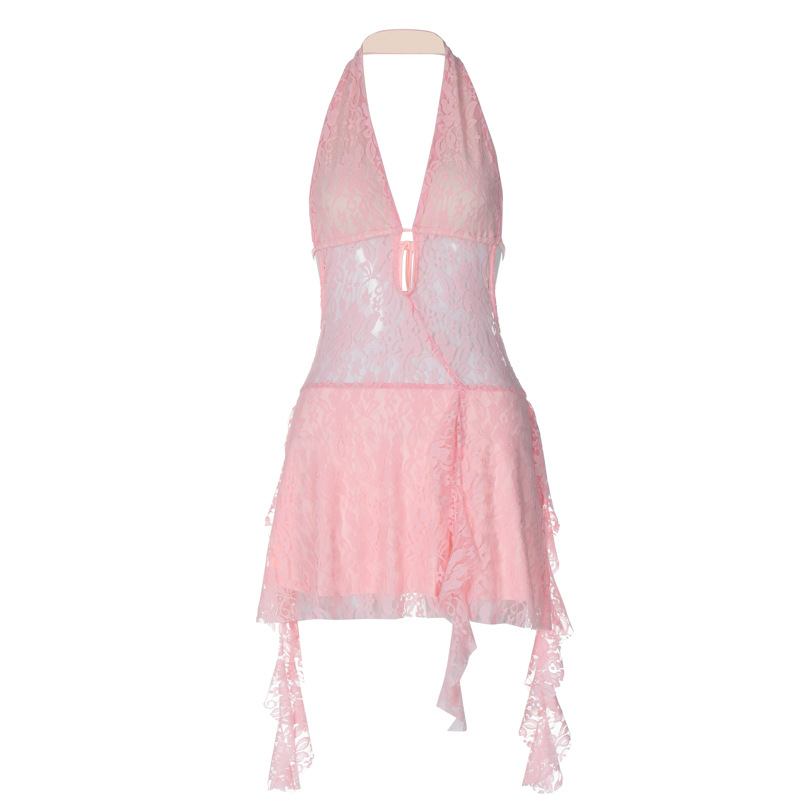 European And American Cross-Border New Sexy Hollow Deep V Backless Hot Girl Style Short Spliced Ribbon Halter Lace Dress_ecoleips.com