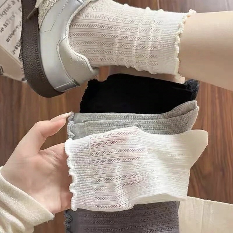 Thin Breathable Women's Socks for Spring, Autumn, and Summer, Ballet Style, Solid Color, Ruffled Edge, Hollow Mesh, Mid-Calf Socks
