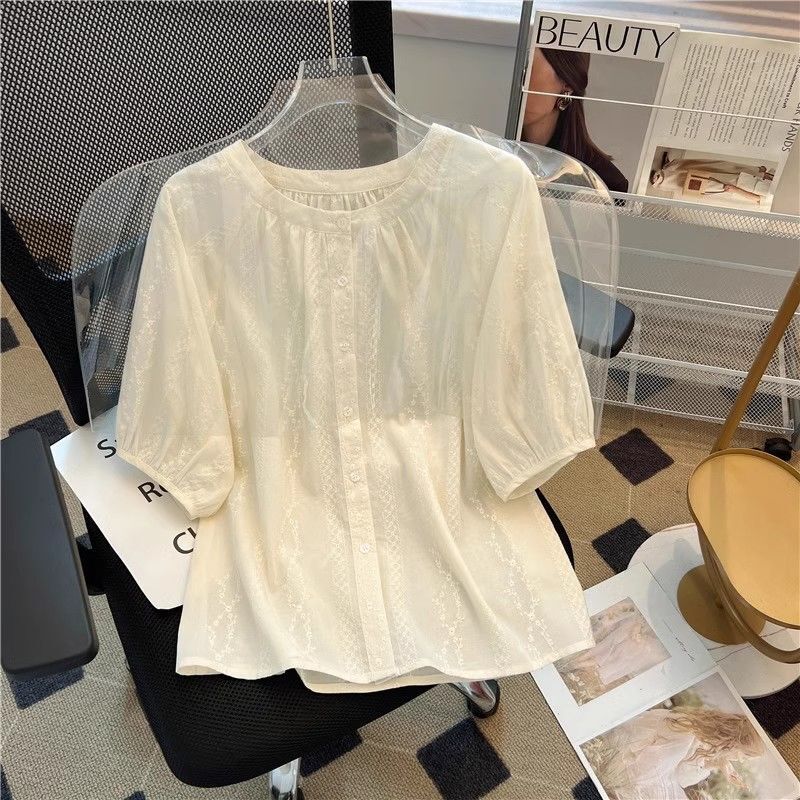 フレンチレトロ刺繍半袖シャツ女性のための夏の2025新しいルーズスリム西洋スタイル年齢軽減ベビードールシャツトップ|undefined