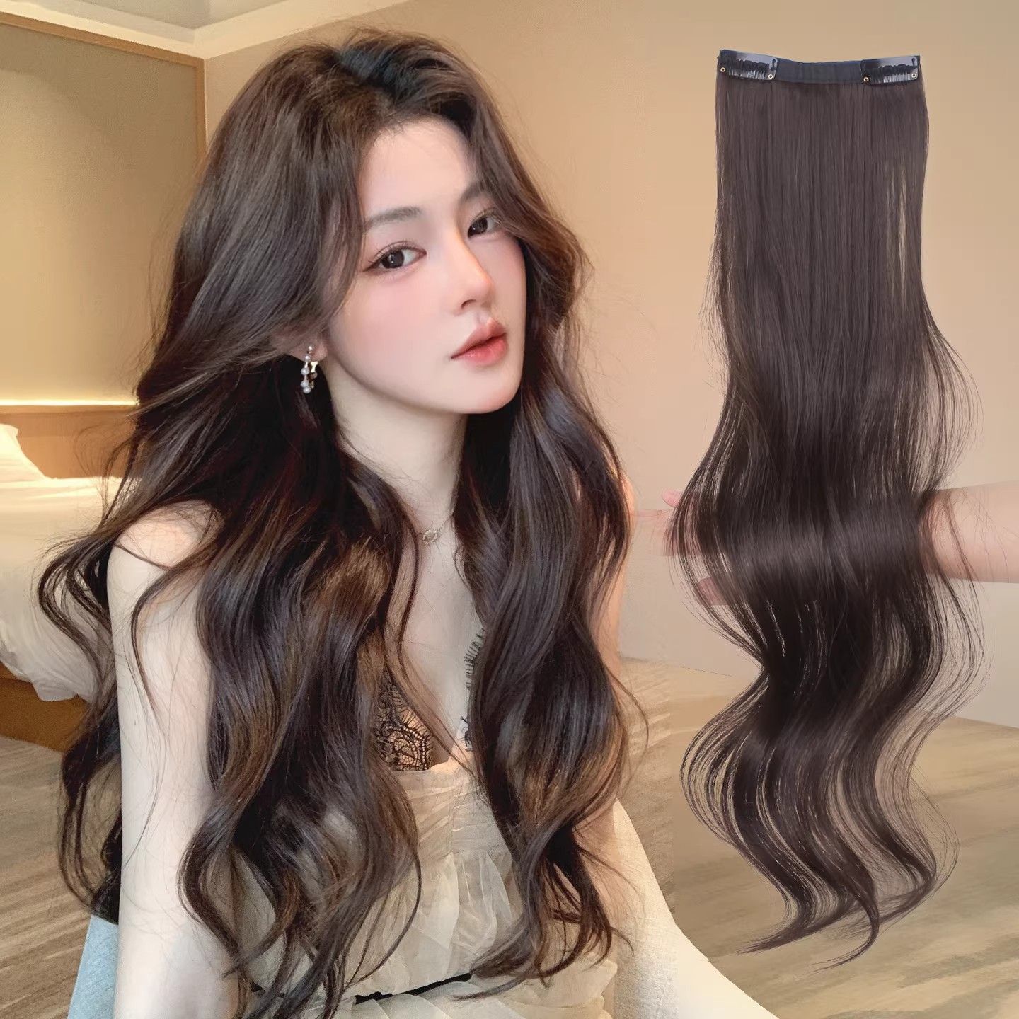 Luz y delgada, dos clips de tres piezas de pelucas, cabello largo rizado, extensión de cabello invisible sin marcas, aumento de cabello, pelucas flojas y onduladas.
