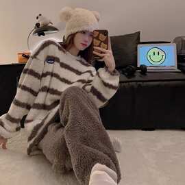 珊瑚女网条纹家居服宿舍睡衣法兰绒绒加绒秋冬季加厚ins红风套装