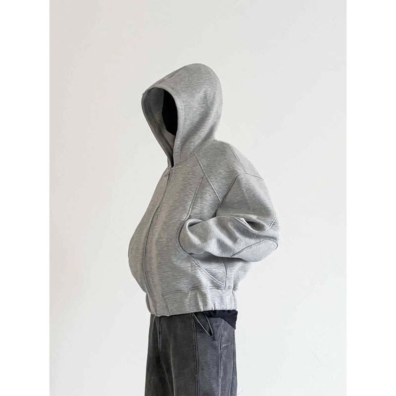 boy Space Cotton Boxy Fit American High Street Hooded Cardigan Short Sweatshirt Men Heavyweight Gray Zipper Top Jacket_voghion.com