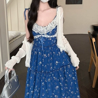 大码度假风蕾丝吊带连衣裙女秋季梨形身材碎花裙胖MM遮肚显瘦裙子