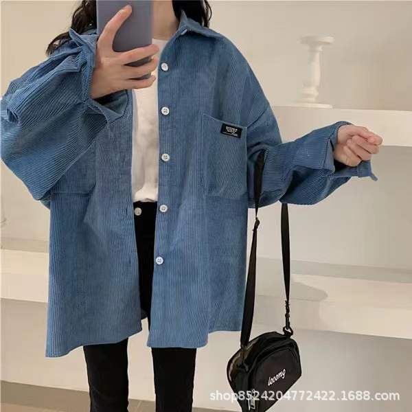 Corduroy Shirt Women's Autum Long-Sleeved Top Spring and Autum Korean Style Loose Bf Lazy Boyfriend Style Blue Shirt Jacket