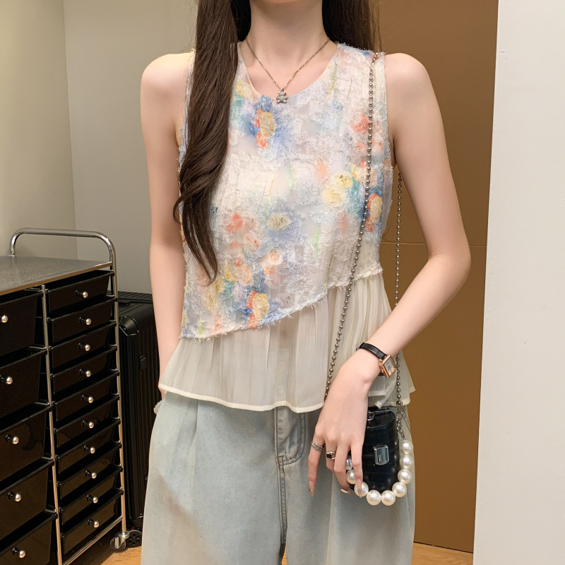 In-Stock New Stylish Versatile Embroidered Jacquard Colorful Sweet Sleeveless Women's Shirt Niche