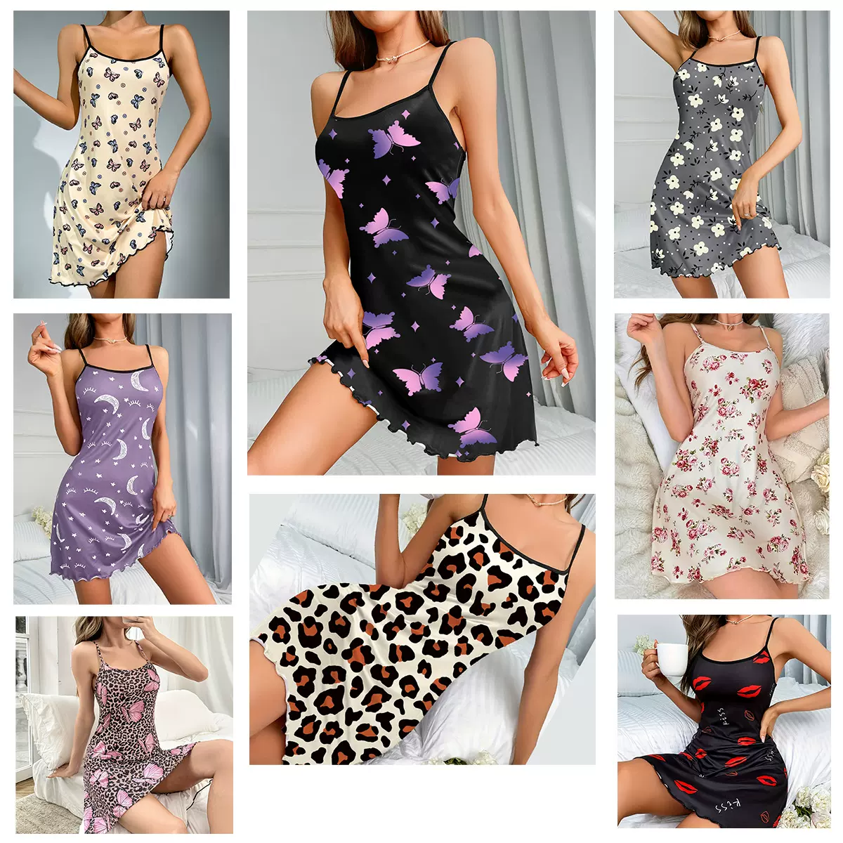 欧美跨境亚马逊法式牛奶丝睡衣蝶系吊带睡裙春夏新品热卖慵懒风