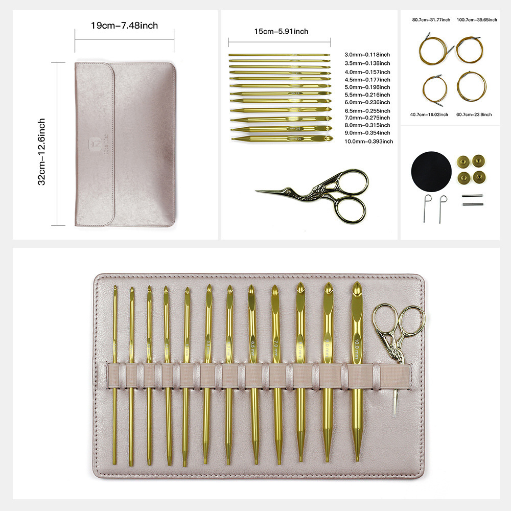 Herramientas de tejido transfronterizas de alúmina dorada desmontable ganchillo crochet Tunis crochet conjunto de 12 PU