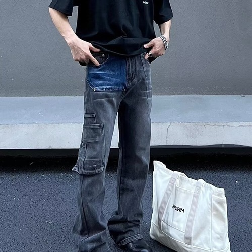 American street vibe, washed distressed color-block pocket cargo logging jeans for men, straight leg, slightly flared, trendy