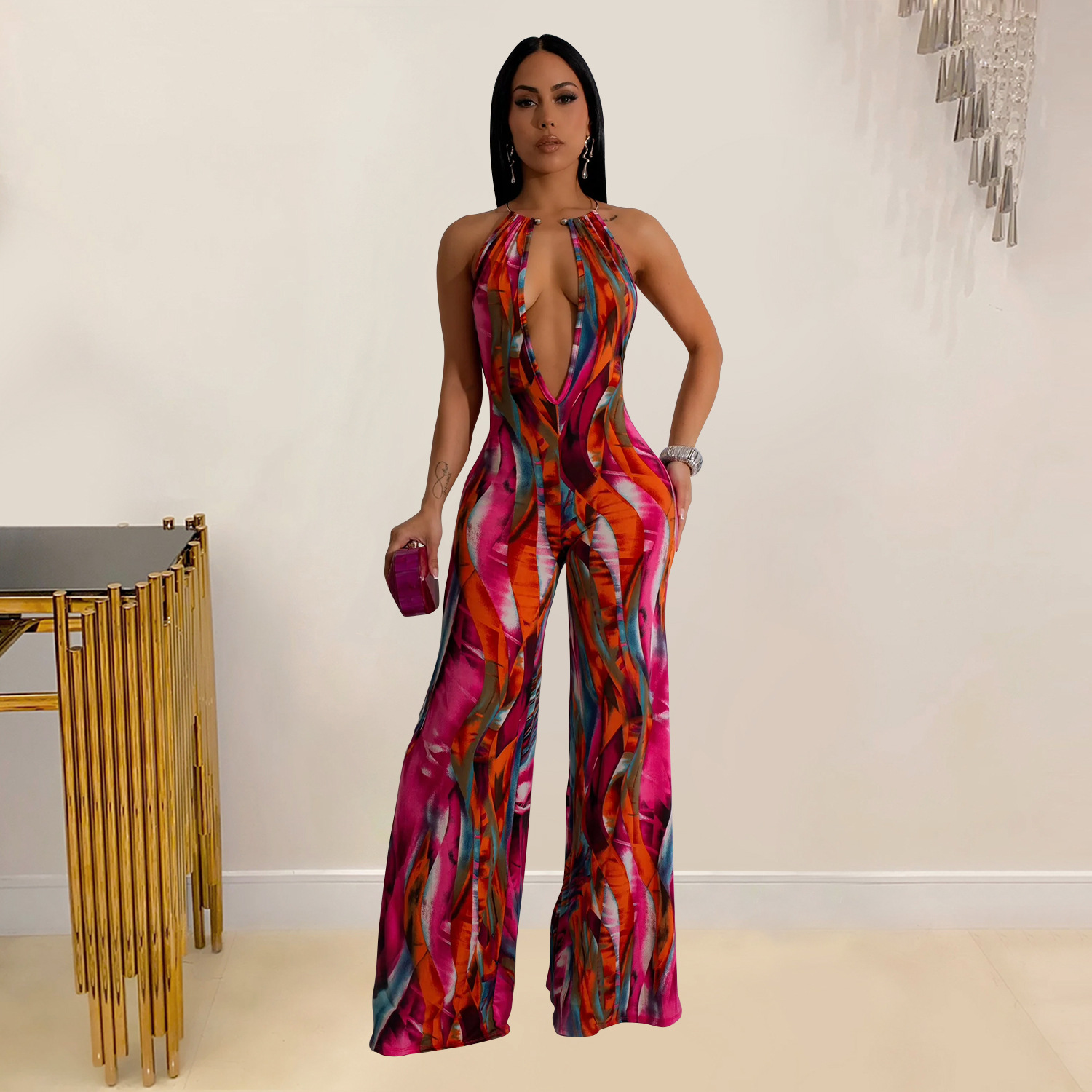 Women Wear Print Sleeveless Deep V Plunge Color Block Backless Long Conjoined Trousers