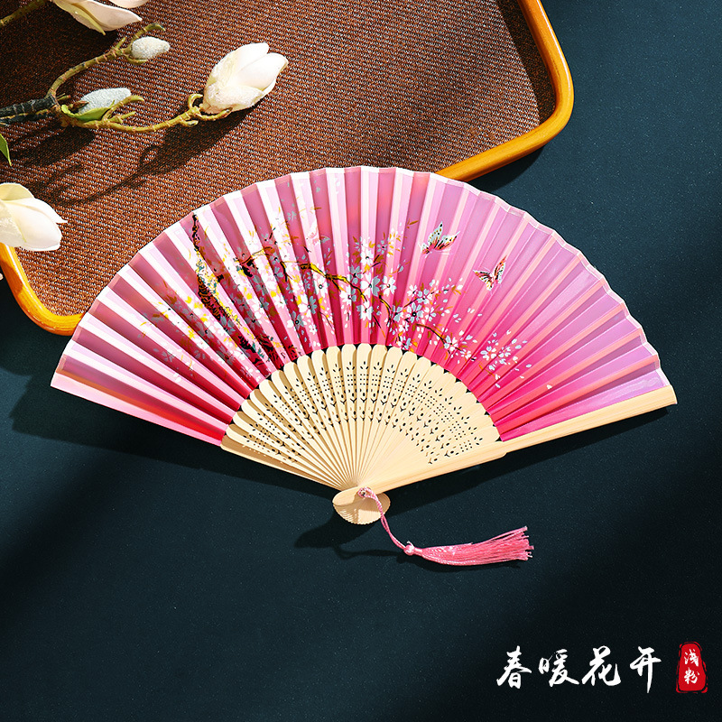 Ventilador plegable de verano, estilo chino, Hanfu, cheongsam, baile para niños, ventilador de estilo antiguo, ventilador de bambú plegable portátil