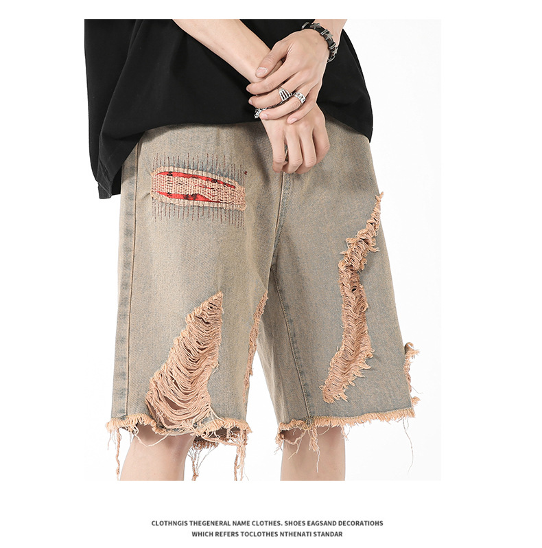 Jeans im amerikanischen Stil für Herren, 2024, Sommer, trendige Marke, Distressed-Denim-Shorts, Jugend, High Street, lockere, lässige Caprihosen_voghion.com