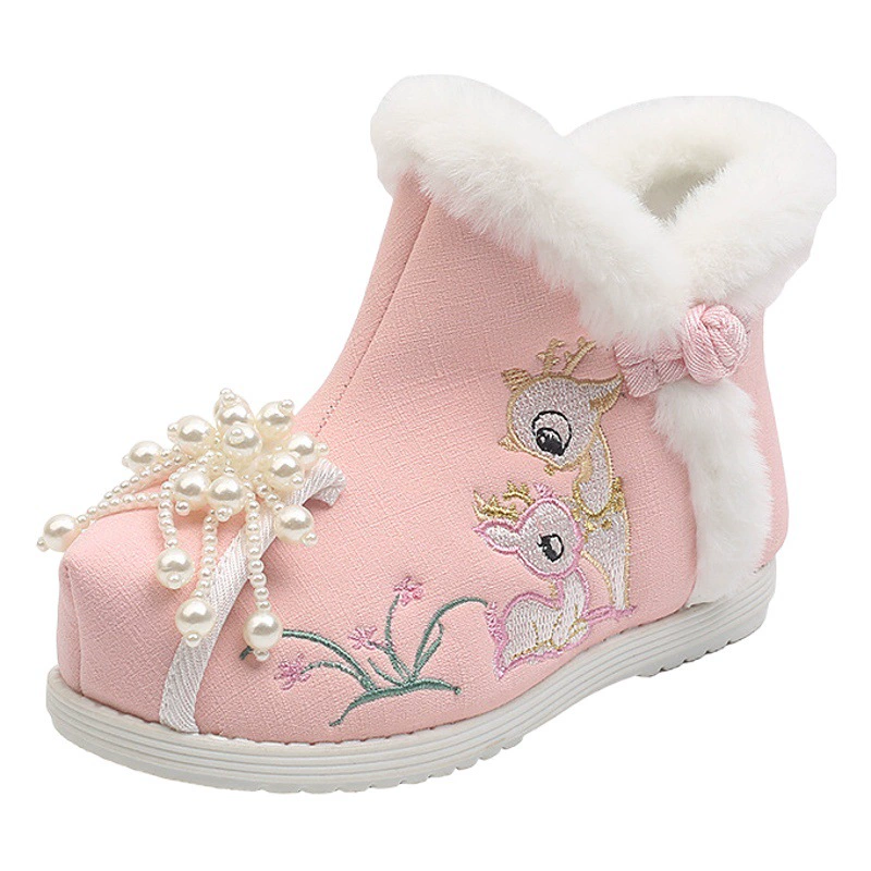 Зимняя обувь с вышивкой на флисовой подкладке для девочек, антикварная детская теплая обувь ханьфу, зимние сапоги в китайском стиле для девочек, большие хлопковые сапоги