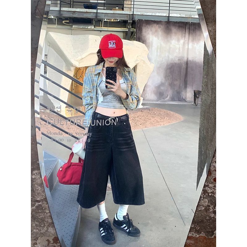 Petite American Retro Style Black Denim Capri Pants for Women, Summer Loose Straight-Leg Pants, Slimming Mid-Length Pants Petite American Retro Style Black Denim Capri Pants for Women, Summer Loose Straight-Leg Pants, Slimming Mid-Length Pants