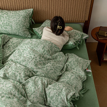 双层纱大提花床上四件套全棉纯棉2024新款床单被套高级感绿色床品