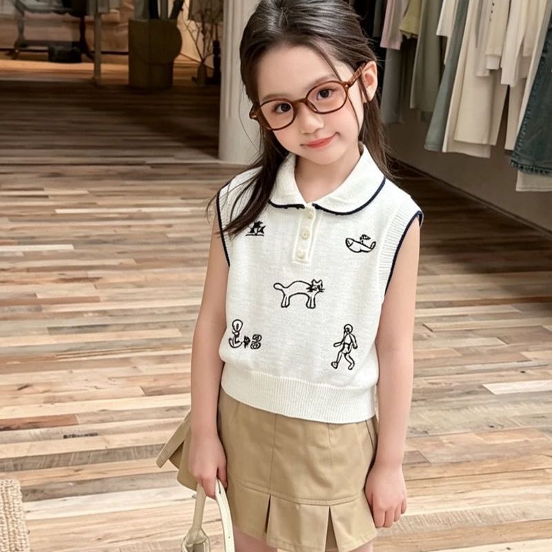 Girls' Embroidered Sleeveless Polo Shirt Summer Korean Style Children's Knitted Vest Baby Stylish Turn-Down Collar T-Shirt Top