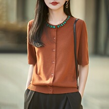 夏季新款蚕丝羊毛混纺开衫女式圆领钉钻设计五分袖外搭个性潮流风