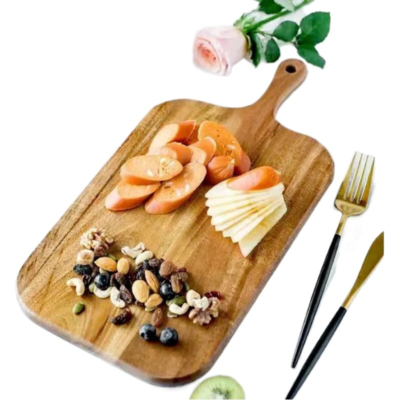 Tablero de cortar de madera de acacia simple creativo con mango tabla de cortar colgando tablero de corte de fruta tablero de filete tablero auxiliar de suplemento de alimentos para niños