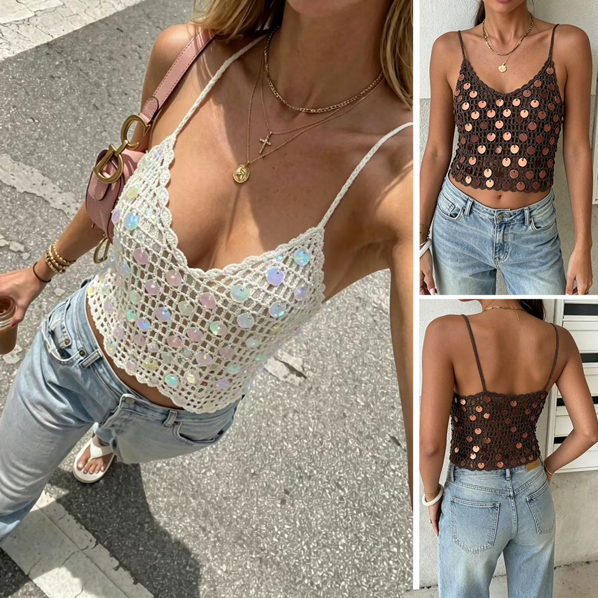Cross-Border European and American Style Handmade Crochet Sequin Knit Cover-Up Hollow-Out Strap Beach Vacation Tank Top for Women