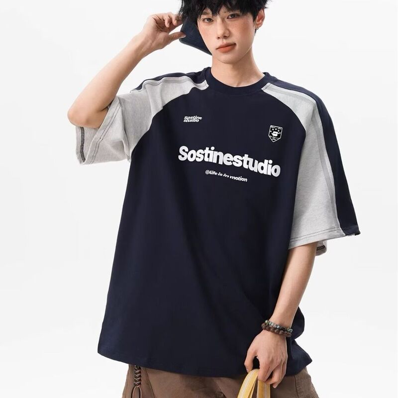2026 American-Style Patchwork Color-Block Raglan T-Shirt for Men, Summer College Style, Sporty Short-Sleeve with Letter Print and Small Neckline
