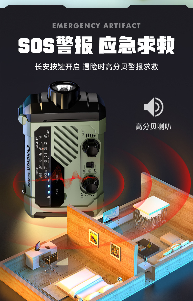 Disaster Prevention Hand-Cranked Radio, Radio Disaster Preparedness Equipment, Solar-Powered Rechargeable Flashlight Xln-290 Strong Light