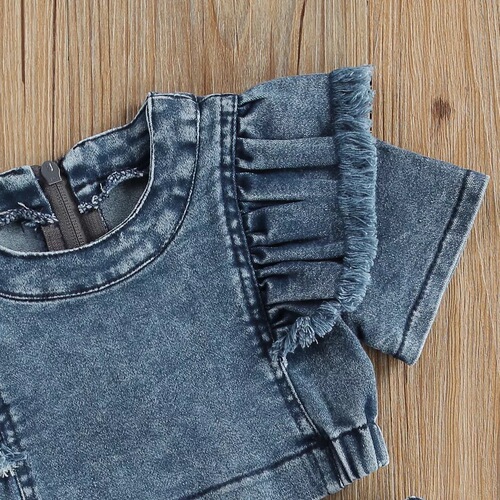 Cross-border European and American children's skirt suit  spring and summer new denim short-sleeved ruffle top and skirt two-piece trendy set