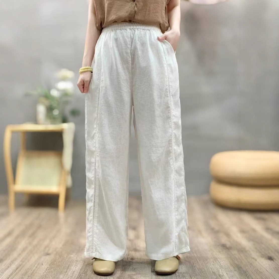 2025春季新款拼接松紧腰文艺范复古风女式显瘦小众百搭宽松休闲裤