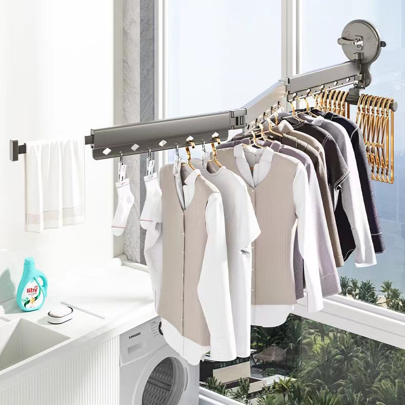 Double suction cup folding clothes drying rack balcony indoor…